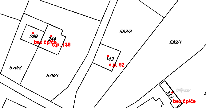 Bzí 92, Železný Brod na parcele st. 143 v KÚ Bzí u Železného Brodu, Katastrální mapa