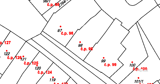 Střed 98, Rokycany na parcele st. 98 v KÚ Rokycany, Katastrální mapa