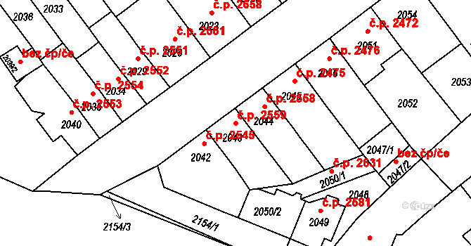Chomutov 2559 na parcele st. 2043 v KÚ Chomutov II, Katastrální mapa