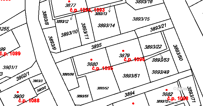 Jirkov 1095 na parcele st. 3880 v KÚ Jirkov, Katastrální mapa