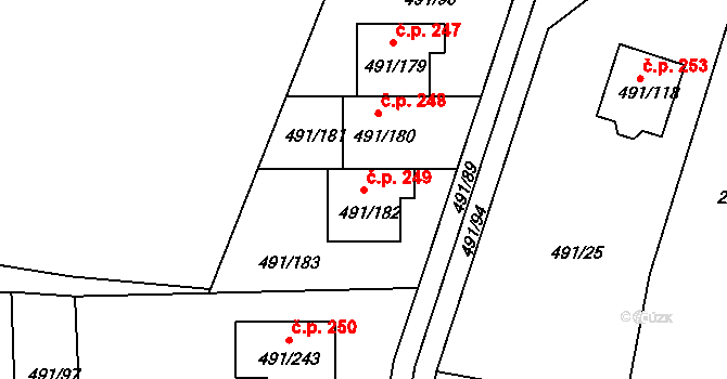 Kanice 249 na parcele st. 491/182 v KÚ Kanice, Katastrální mapa