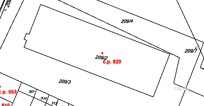 Tuřany 820, Brno na parcele st. 209/2 v KÚ Tuřany, Katastrální mapa