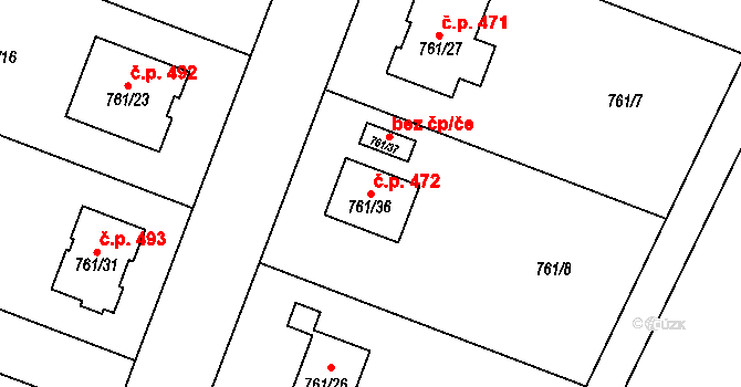 Kostomlaty nad Labem 472 na parcele st. 761/36 v KÚ Kostomlaty nad Labem, Katastrální mapa