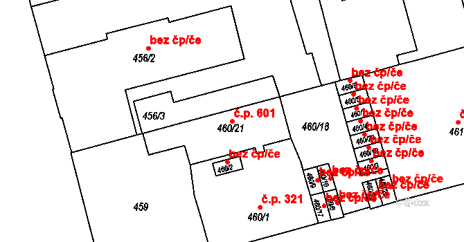 Ponava 601, Brno na parcele st. 460/21 v KÚ Ponava, Katastrální mapa