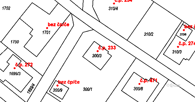 Kozmice 233 na parcele st. 300/3 v KÚ Kozmice, Katastrální mapa
