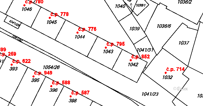Bučovice 795 na parcele st. 1043 v KÚ Bučovice, Katastrální mapa