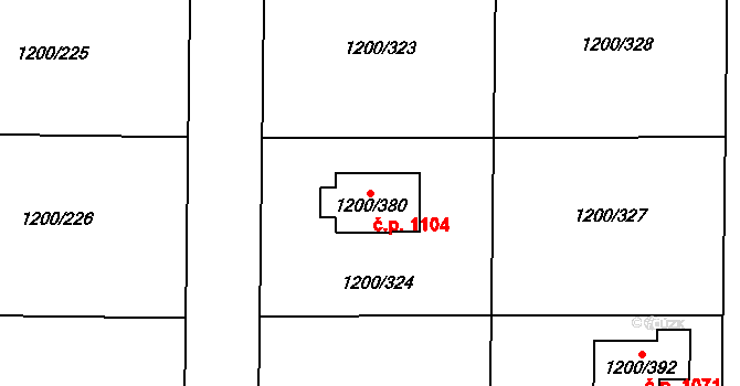 Vejprnice 1104 na parcele st. 1200/380 v KÚ Vejprnice, Katastrální mapa