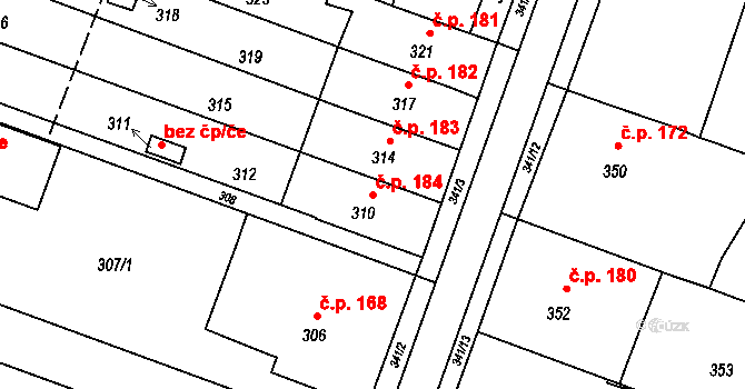 Postoupky 184, Kroměříž na parcele st. 310 v KÚ Postoupky, Katastrální mapa