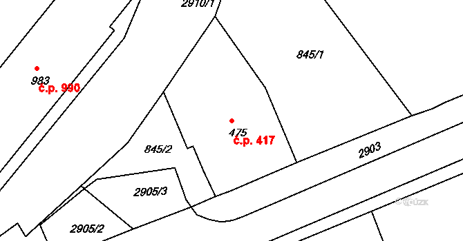 Bystřice pod Hostýnem 417 na parcele st. 475 v KÚ Bystřice pod Hostýnem, Katastrální mapa