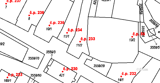 Hrabětice 233 na parcele st. 11/2 v KÚ Hrabětice, Katastrální mapa