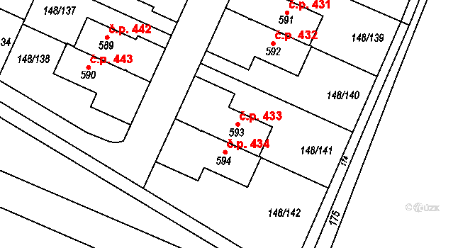 Zlonín 433 na parcele st. 593 v KÚ Zlonín, Katastrální mapa