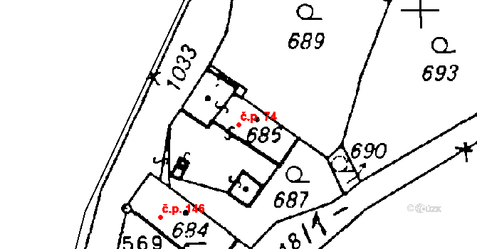Volduchy 74 na parcele st. 686 v KÚ Volduchy, Katastrální mapa