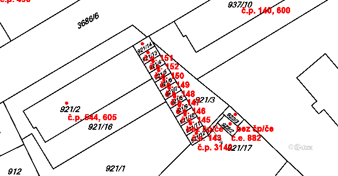 Vyškov-Předměstí 147, Vyškov na parcele st. 921/7 v KÚ Vyškov, Katastrální mapa