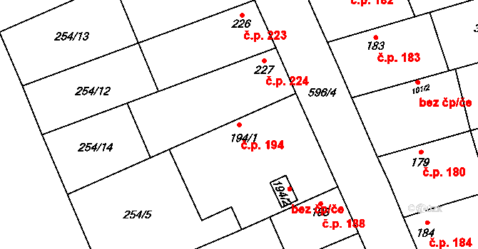 Veltruby 194 na parcele st. 194/1 v KÚ Veltruby, Katastrální mapa