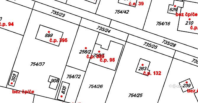 Mukařov 95 na parcele st. 256/1 v KÚ Mukařov u Říčan, Katastrální mapa