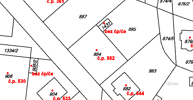Tuchlovice 552 na parcele st. 884 v KÚ Tuchlovice, Katastrální mapa