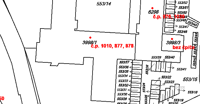 Borovina 877,878,1010, Třebíč na parcele st. 3998/1 v KÚ Třebíč, Katastrální mapa