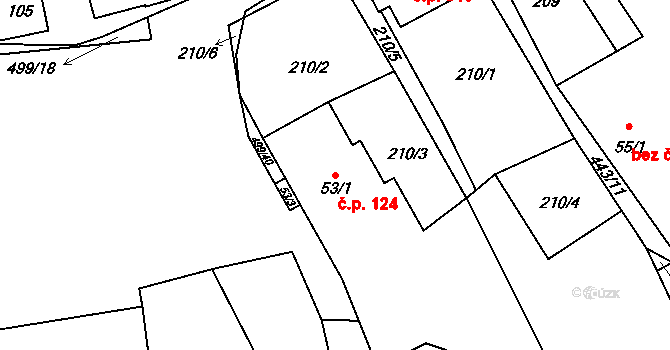 Sebranice 124 na parcele st. 53/1 v KÚ Sebranice u Litomyšle, Katastrální mapa