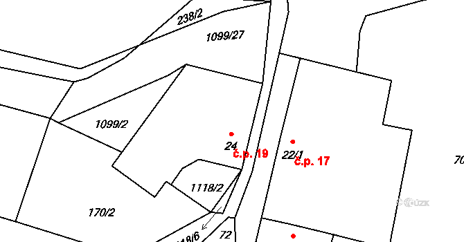 Kočín 19, Temelín na parcele st. 24 v KÚ Kočín, Katastrální mapa