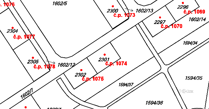 Cheb 1074 na parcele st. 2301 v KÚ Cheb, Katastrální mapa