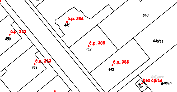 Borohrádek 385 na parcele st. 442 v KÚ Borohrádek, Katastrální mapa