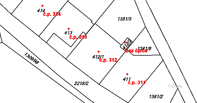 Solnice 312 na parcele st. 412/1 v KÚ Solnice, Katastrální mapa