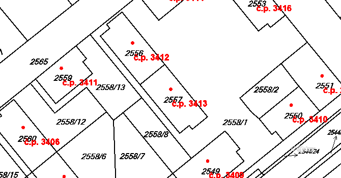 Chomutov 3413 na parcele st. 2557 v KÚ Chomutov II, Katastrální mapa