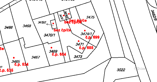 Jirkov 655 na parcele st. 3471 v KÚ Jirkov, Katastrální mapa