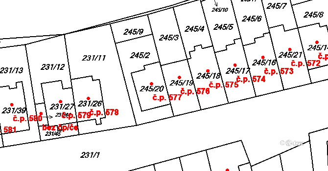 Blučina 576 na parcele st. 245/19 v KÚ Blučina, Katastrální mapa