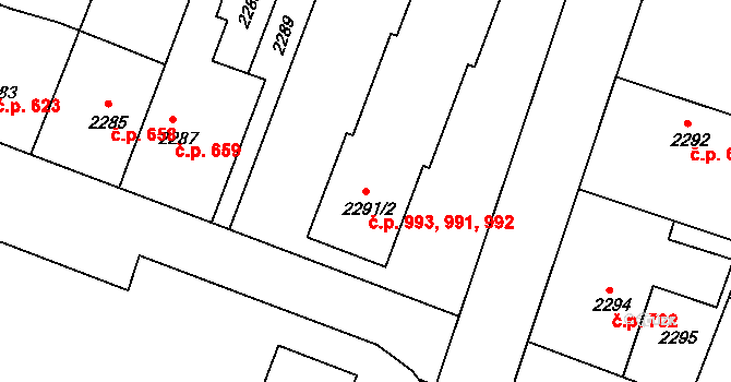 Kuřim 991,992,993 na parcele st. 2291/2 v KÚ Kuřim, Katastrální mapa