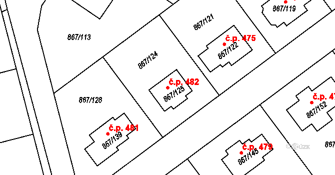Hřebeč 482 na parcele st. 867/125 v KÚ Hřebeč, Katastrální mapa