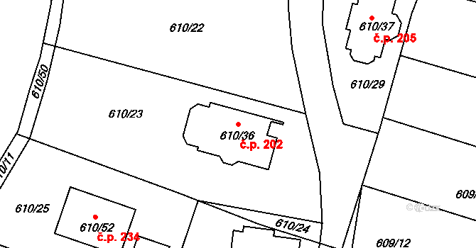Šebrov 202, Šebrov-Kateřina na parcele st. 610/36 v KÚ Šebrov, Katastrální mapa