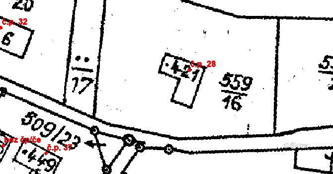 Skalany 28, Vyskeř na parcele st. 421 v KÚ Vyskeř, Katastrální mapa