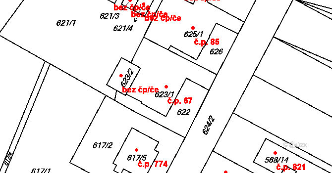 Výškovice 67, Ostrava na parcele st. 623/1 v KÚ Výškovice u Ostravy, Katastrální mapa