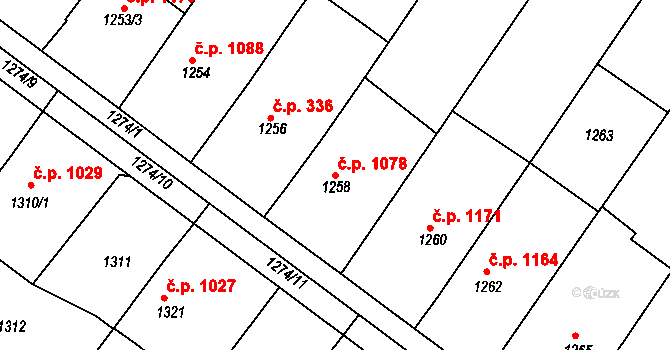 Hluk 1078 na parcele st. 1258 v KÚ Hluk, Katastrální mapa