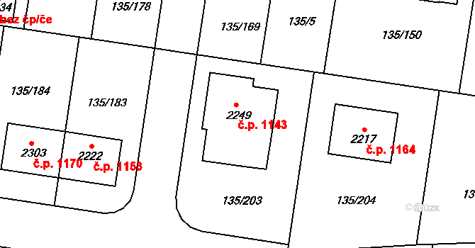 Podklášteří 1143, Třebíč na parcele st. 2249 v KÚ Podklášteří, Katastrální mapa