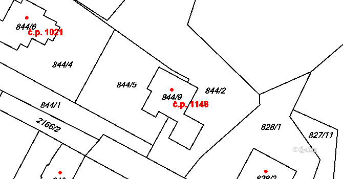 Ruzyně 1148, Praha na parcele st. 844/9 v KÚ Ruzyně, Katastrální mapa