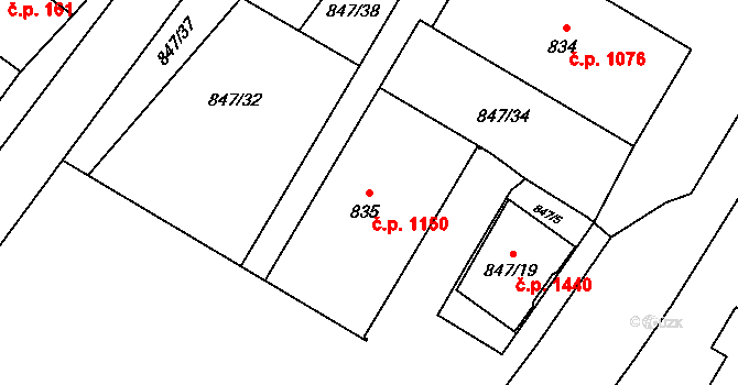 Kopřivnice 1150 na parcele st. 835 v KÚ Kopřivnice, Katastrální mapa
