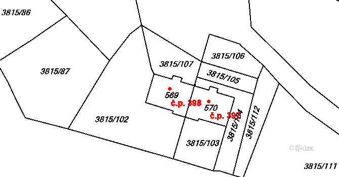 Řevničov 398 na parcele st. 569 v KÚ Řevničov, Katastrální mapa