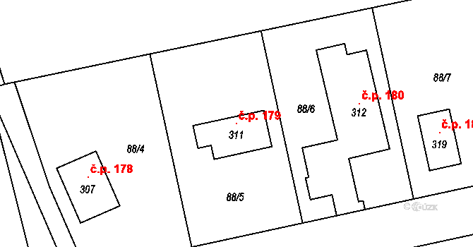 Břežany 179, Lešany na parcele st. 311 v KÚ Břežany u Lešan, Katastrální mapa