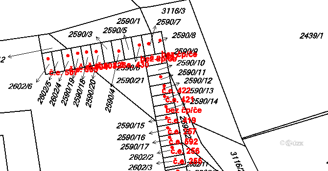 Hustopeče 421 na parcele st. 2590/12 v KÚ Hustopeče u Brna, Katastrální mapa