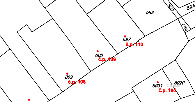 Oleksovice 109 na parcele st. 600 v KÚ Oleksovice, Katastrální mapa