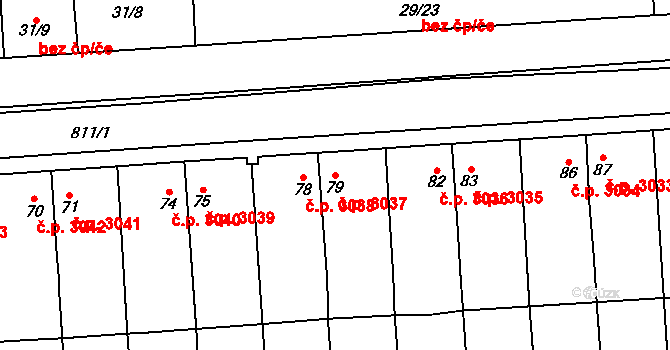 Znojmo 3037 na parcele st. 79 v KÚ Znojmo-Louka, Katastrální mapa