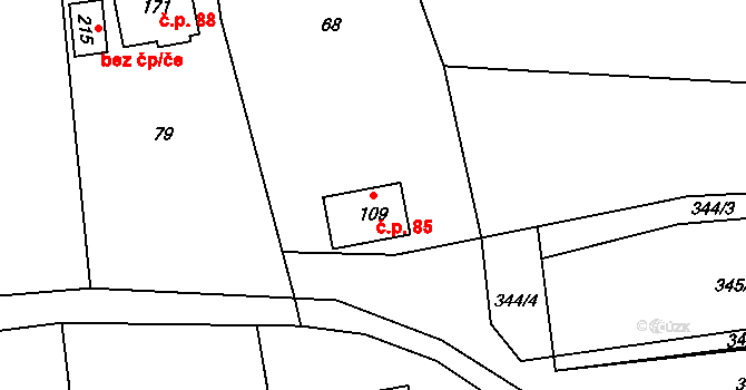 Hrabůvka 85 na parcele st. 109 v KÚ Hrabůvka u Hranic, Katastrální mapa