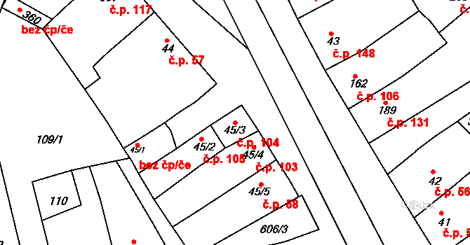 Lobodice 104 na parcele st. 45/3 v KÚ Lobodice, Katastrální mapa