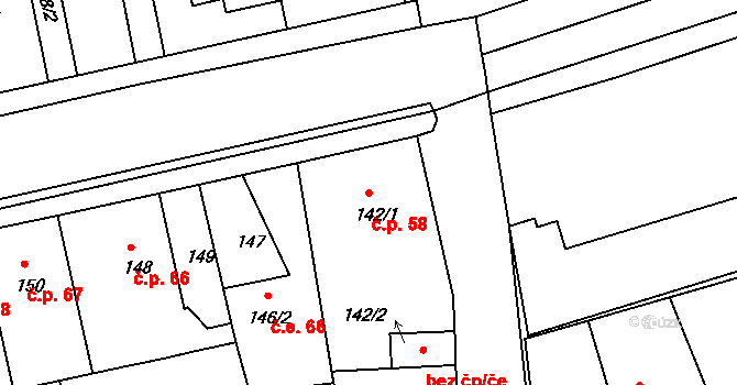 Drahelice 58, Nymburk na parcele st. 142/1 v KÚ Drahelice, Katastrální mapa