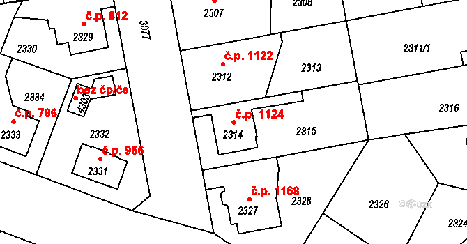 Čelákovice 1124 na parcele st. 2314 v KÚ Čelákovice, Katastrální mapa