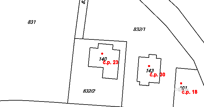 Opřetice 23, Bystřice na parcele st. 140 v KÚ Jinošice, Katastrální mapa