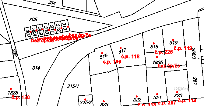 Švermov 196, Kladno na parcele st. 316 v KÚ Motyčín, Katastrální mapa