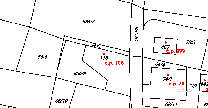 Břilice 105, Třeboň na parcele st. 118 v KÚ Břilice, Katastrální mapa